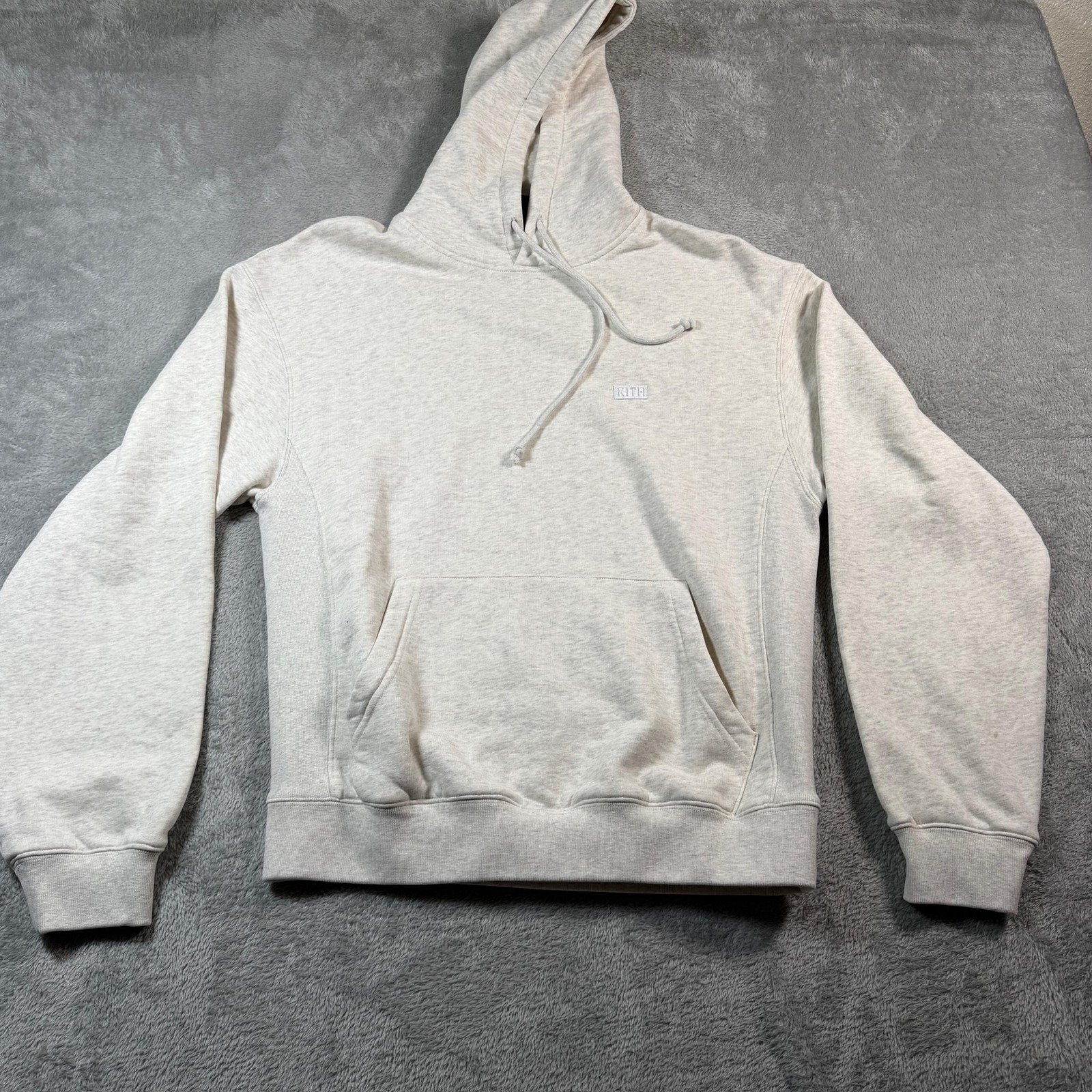 Kith Hoodie Pullover Mens Xs Beige Embroidered Logo Fleece Hooded Crewneck